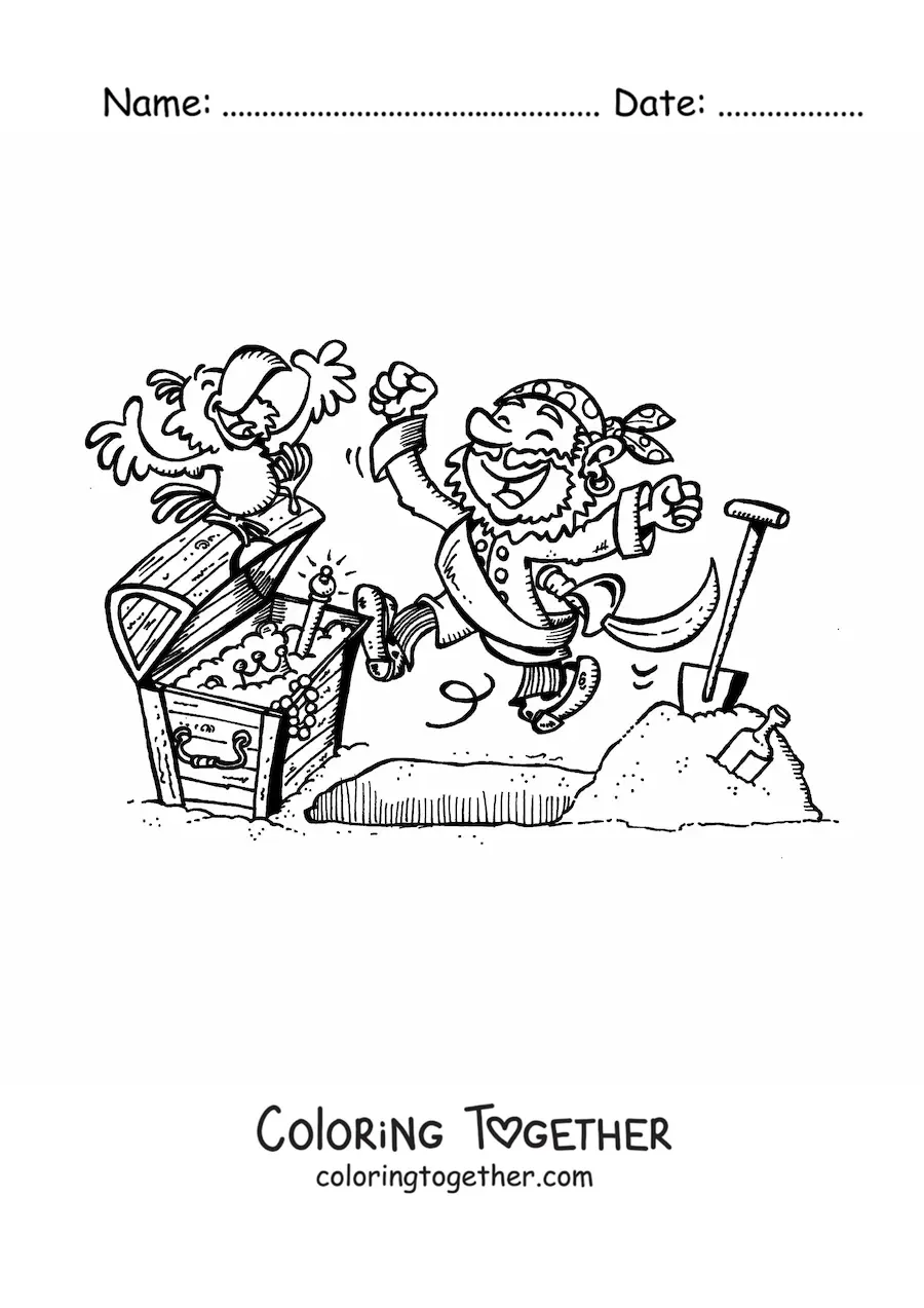 Coloring page of an animated pirate with his parrot digging up a treasure