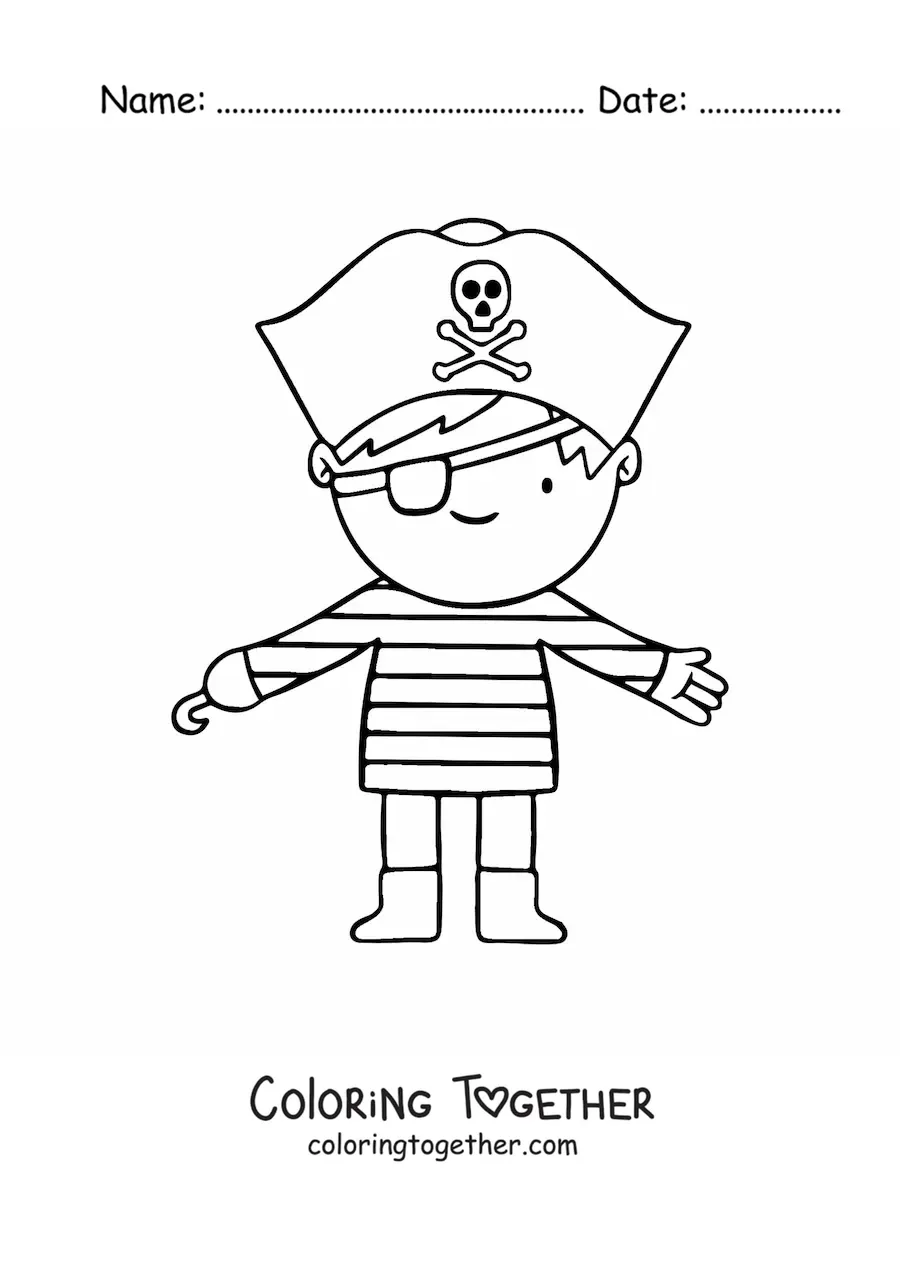 Coloring page of a boy dressed as a pirate with a hook