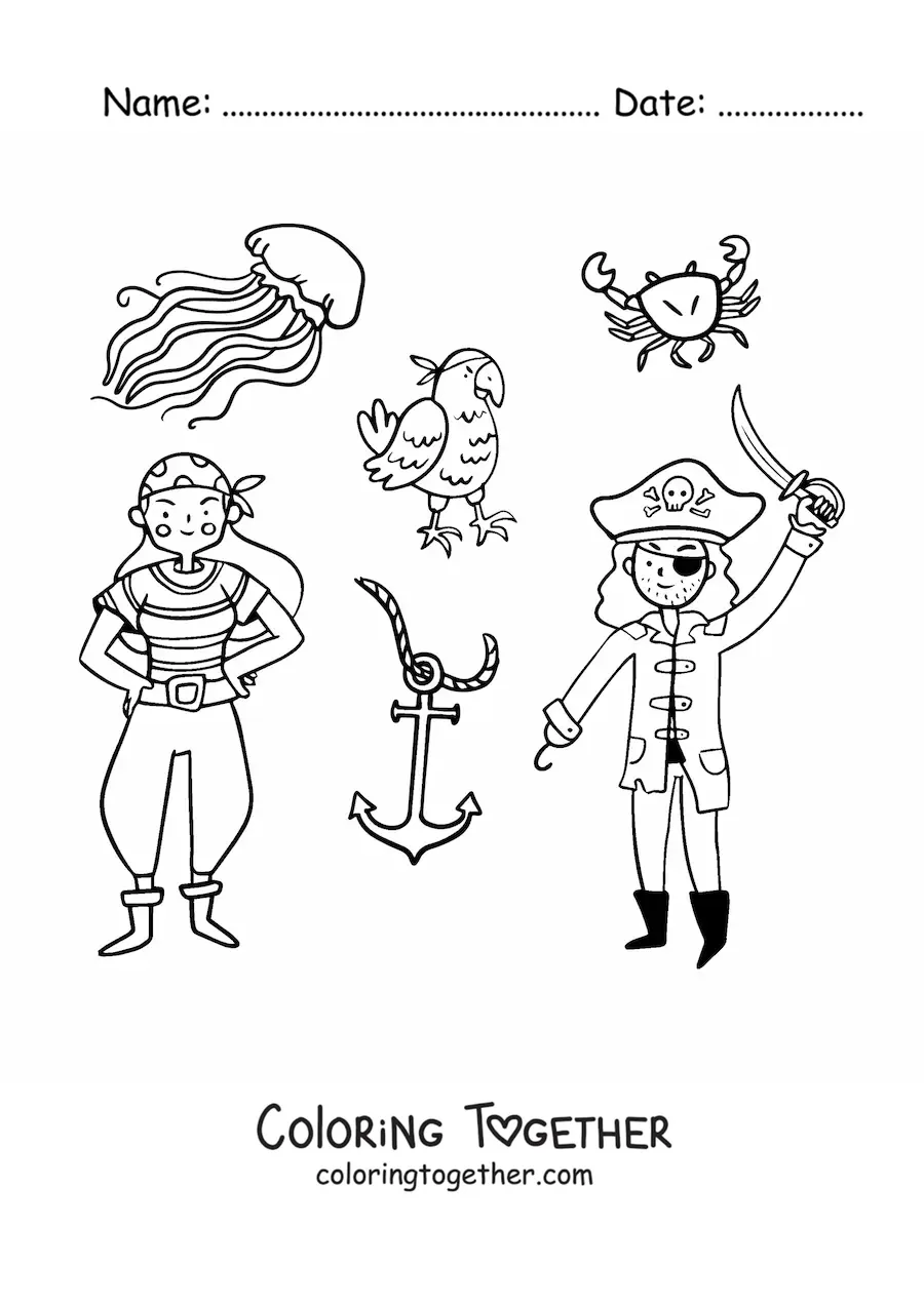 Coloring page of a pirate with a pirate girl and a parrot