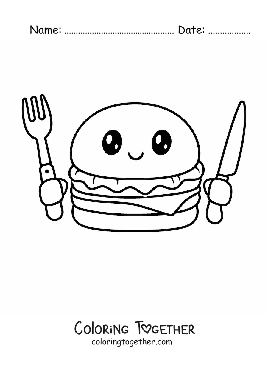 Coloring page of a kawaii hamburger with a fork and a knife