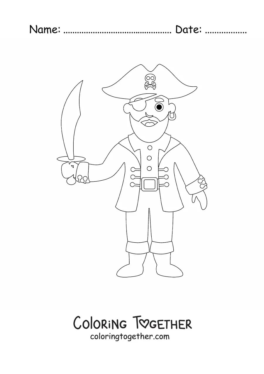 Coloring page of an old cartoon pirate with a sword