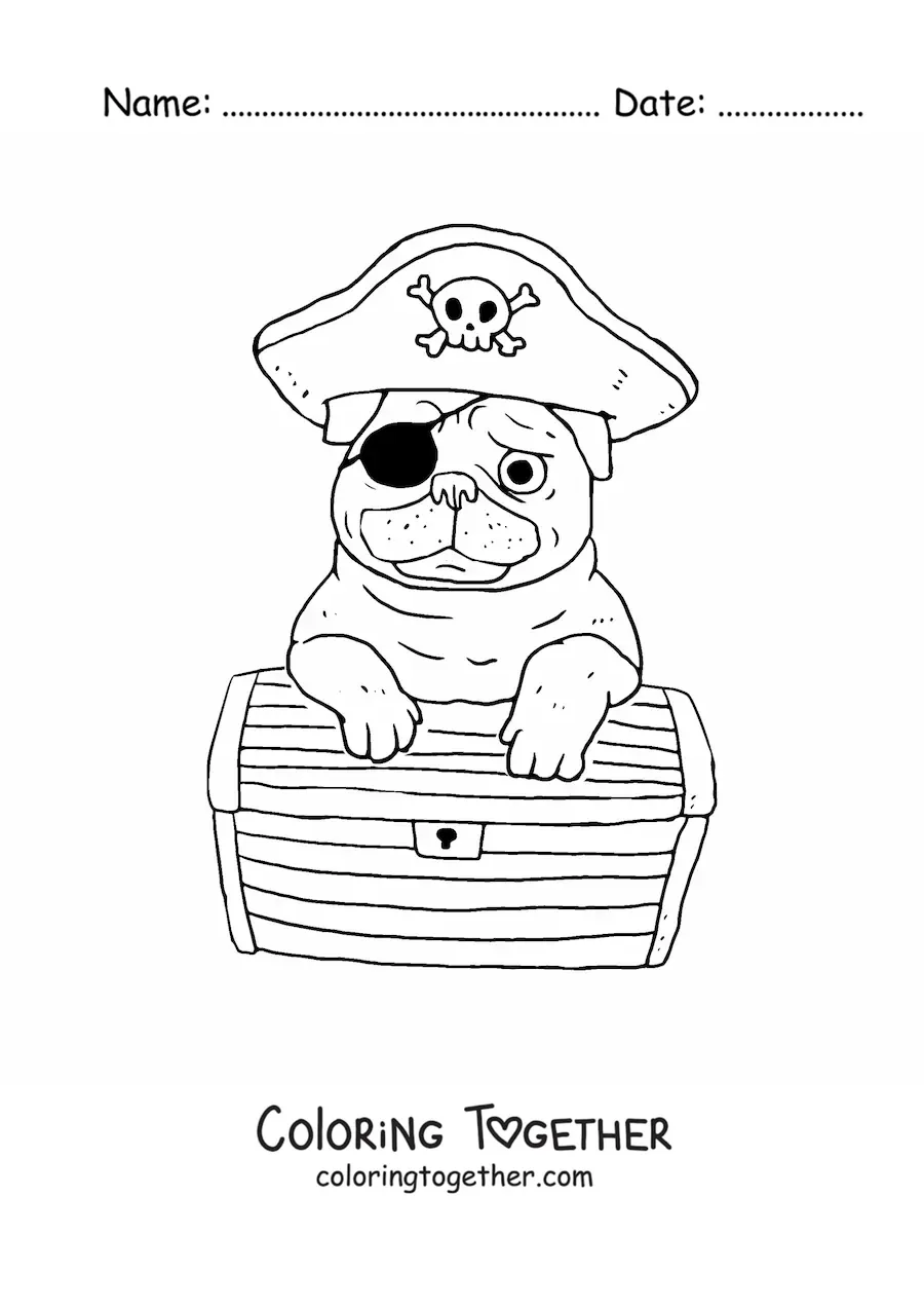 Coloring page of a cartoon pirate pug