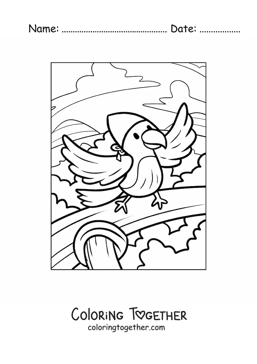 Coloring page of a cartoon pirate parrot on a ship