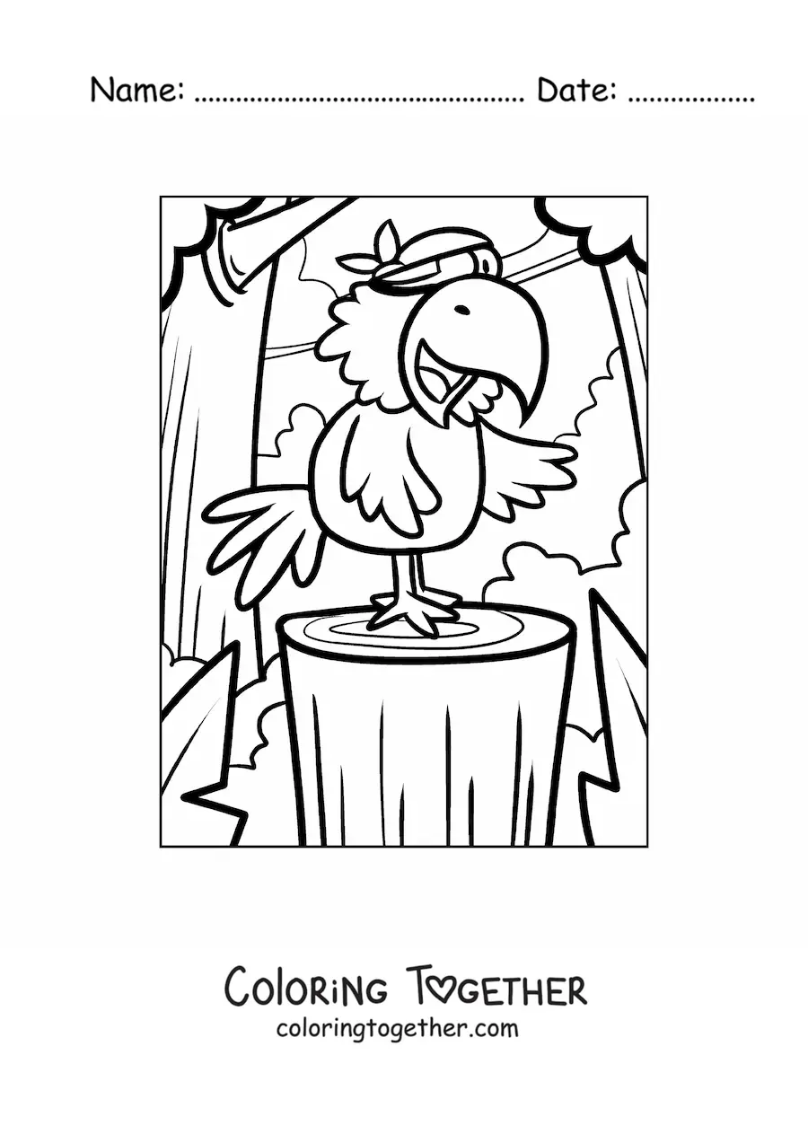 Coloring page of a cartoon pirate parrot on an island