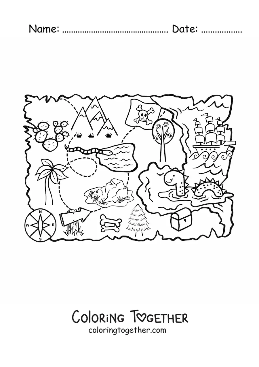 Coloring page of a treasure island map