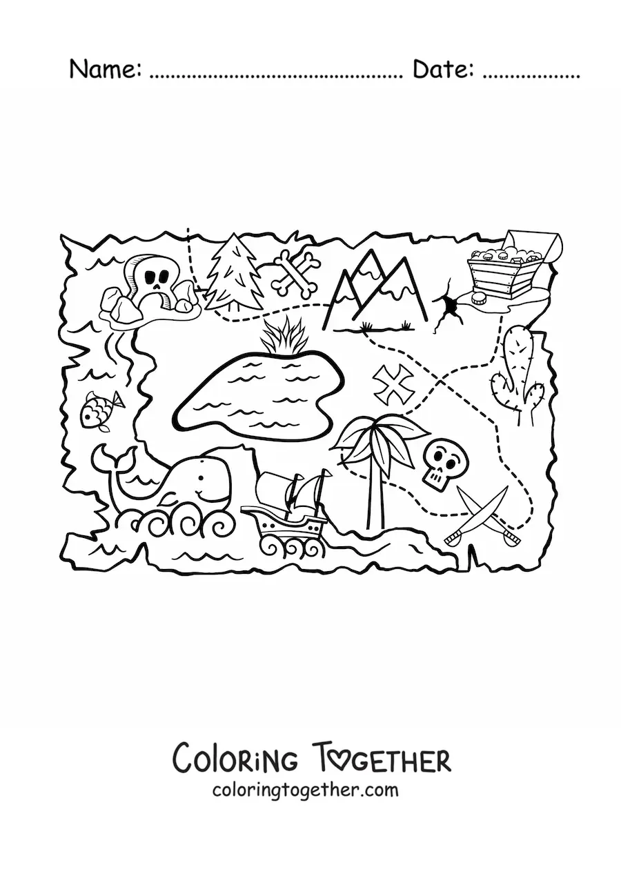 Coloring page of a treasure island on a map