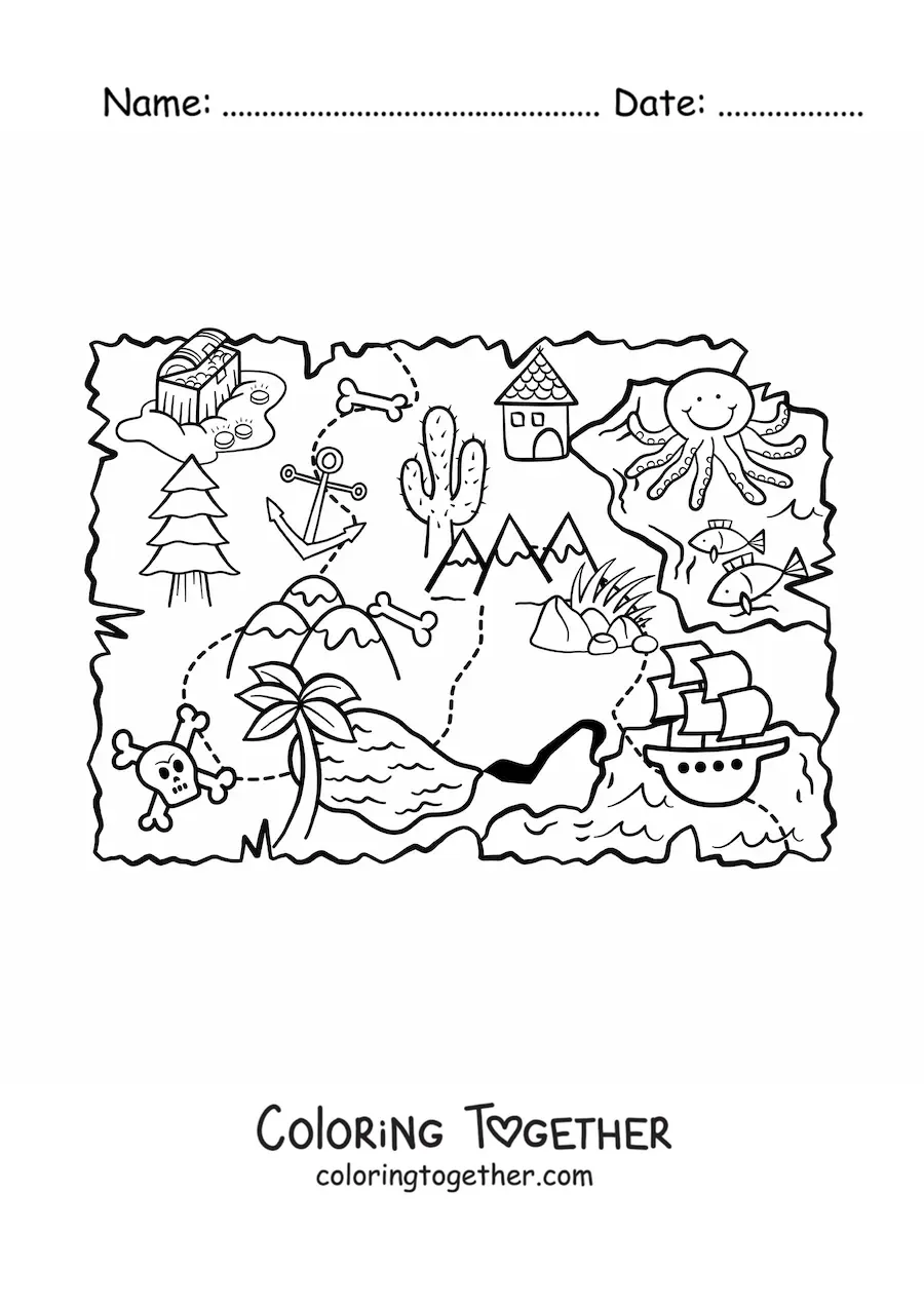 Coloring page of a map of the treasure hidden on the island
