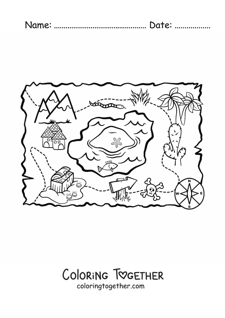 Coloring page of a cartoon treasure map
