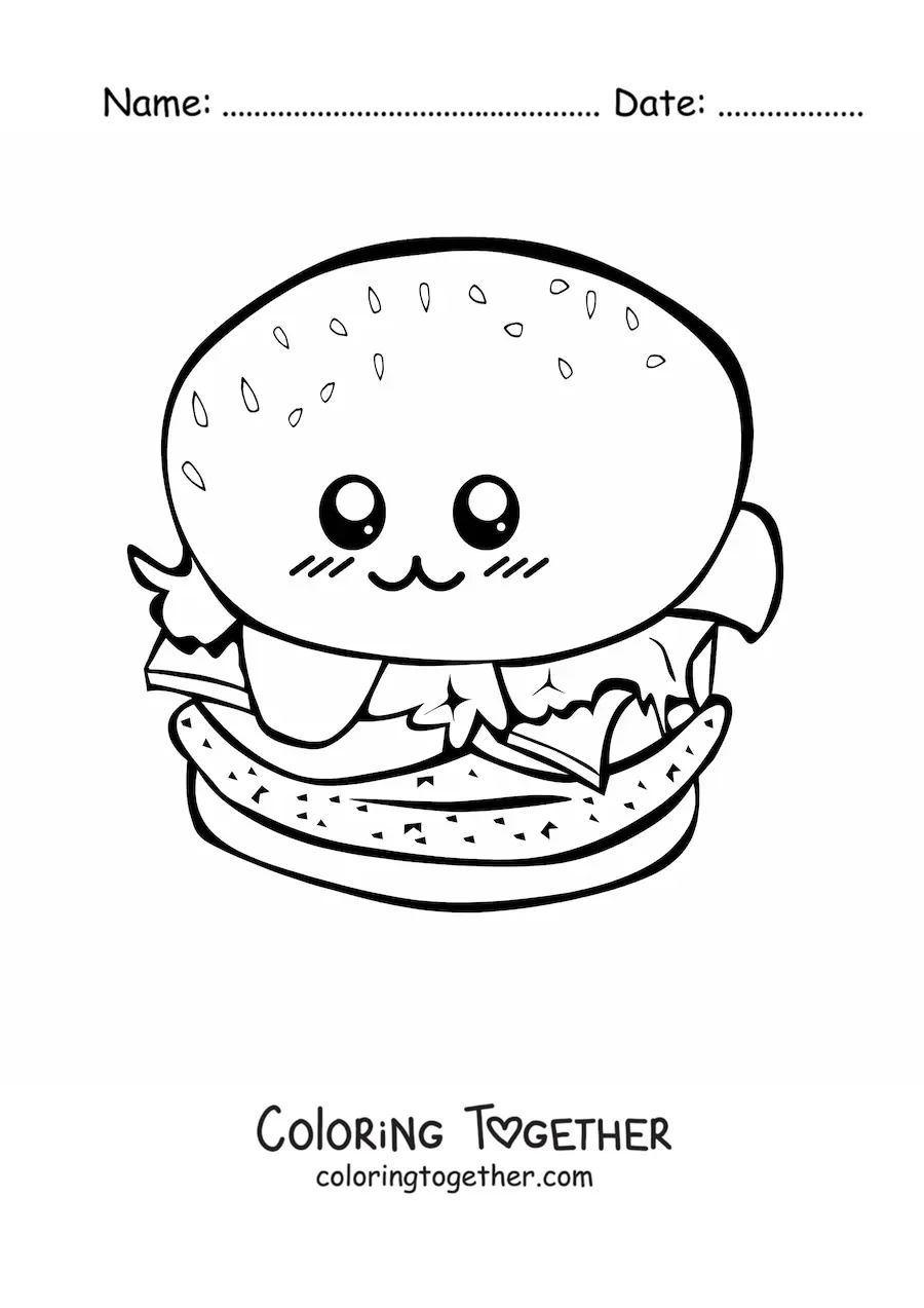 Coloring page of an animated kawaii hamburger