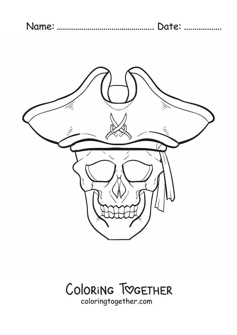 Coloring page of a skull with a pirate hat