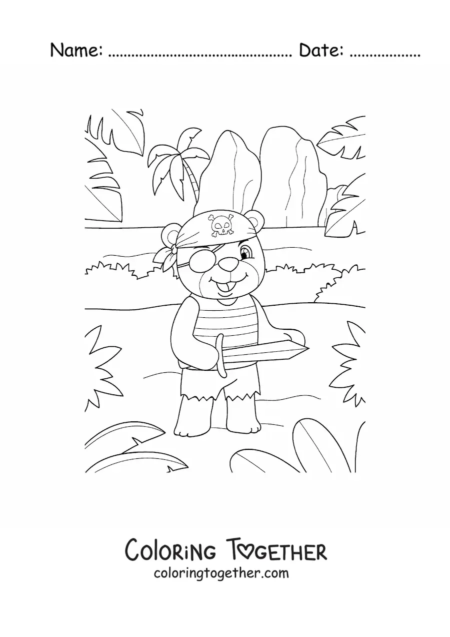 Coloring page of a cartoon pirate bear on treasure island