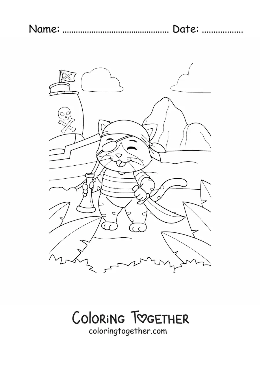 Coloring page of a cartoon pirate cat on treasure island with his ship