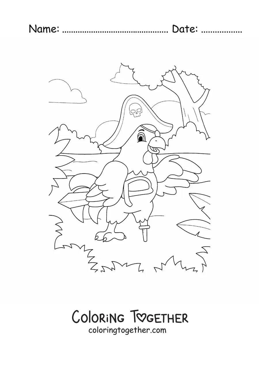 Coloring page of a cartoon pirate hen on treasure island with a sword
