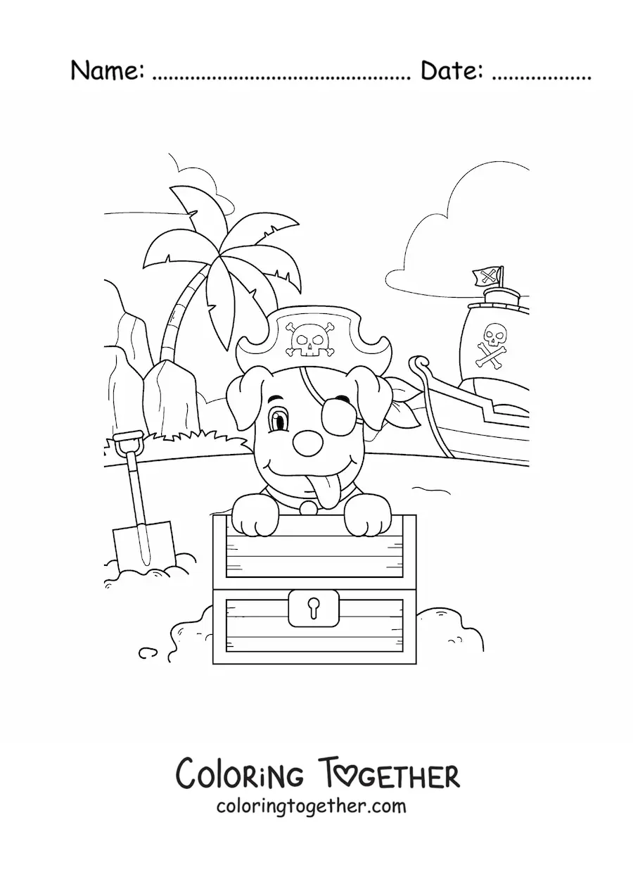 Coloring page of a cartoon pirate dog digging up a treasure in front of his ship