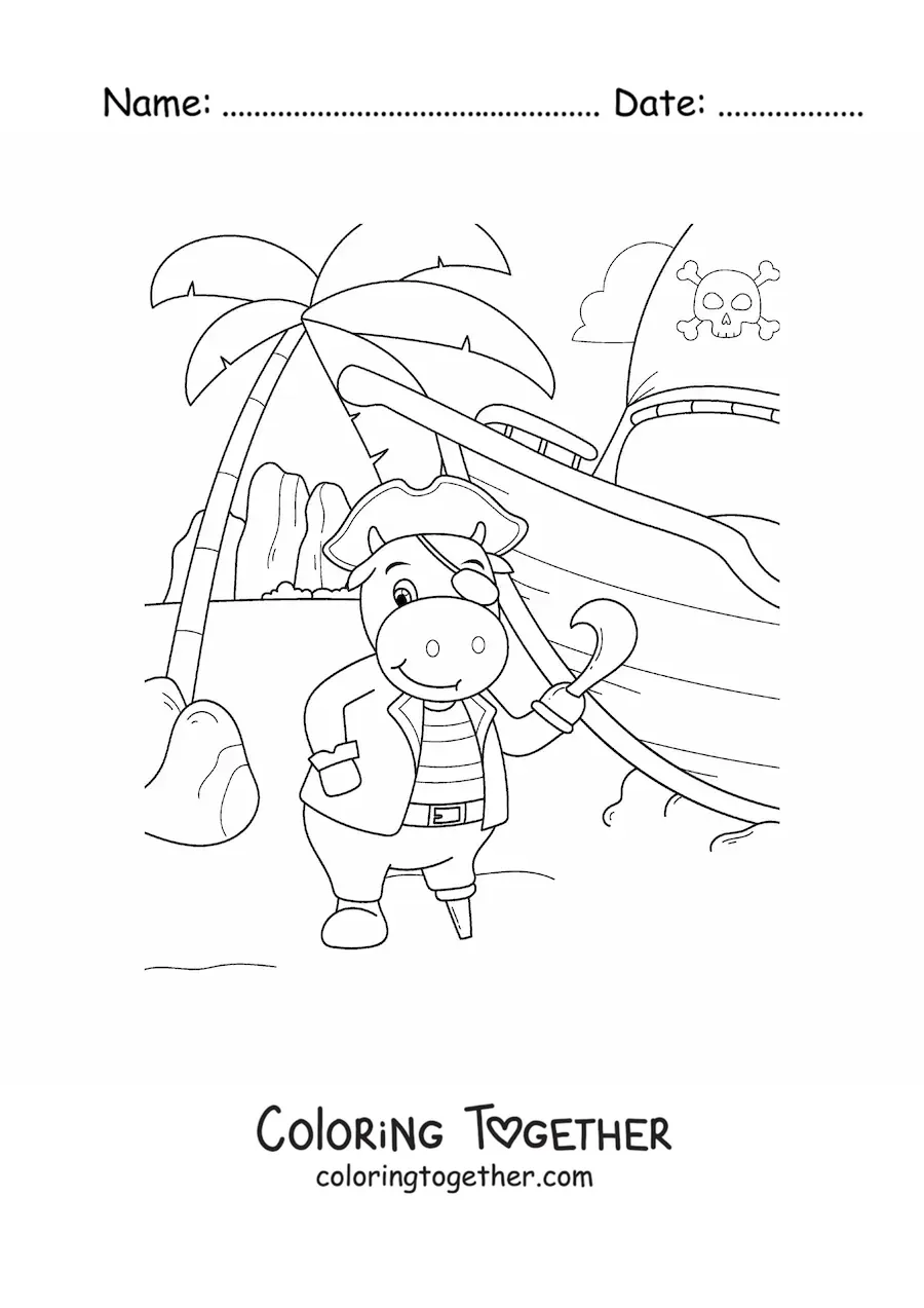 Coloring page of a cartoon pirate cow on treasure island with her ship