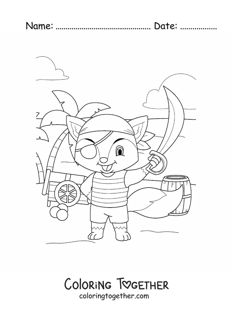 Coloring page of a cartoon pirate fox on treasure island