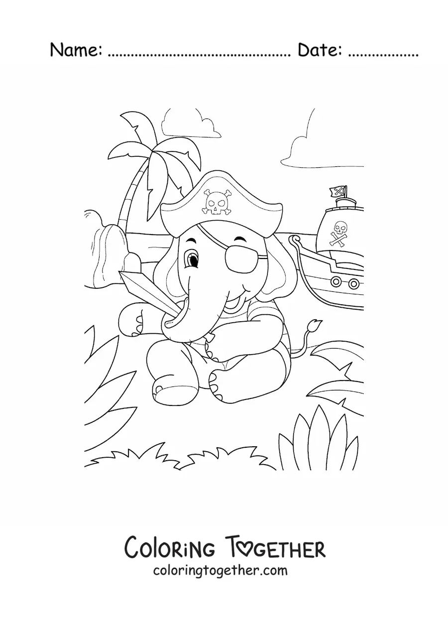 Coloring page of a cartoon pirate elephant on treasure island with his ship