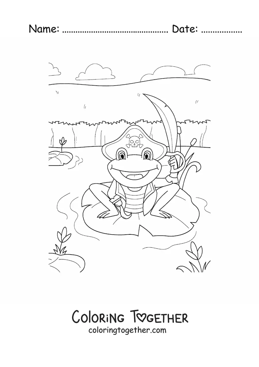 Coloring page of a cartoon pirate frog in his swamp