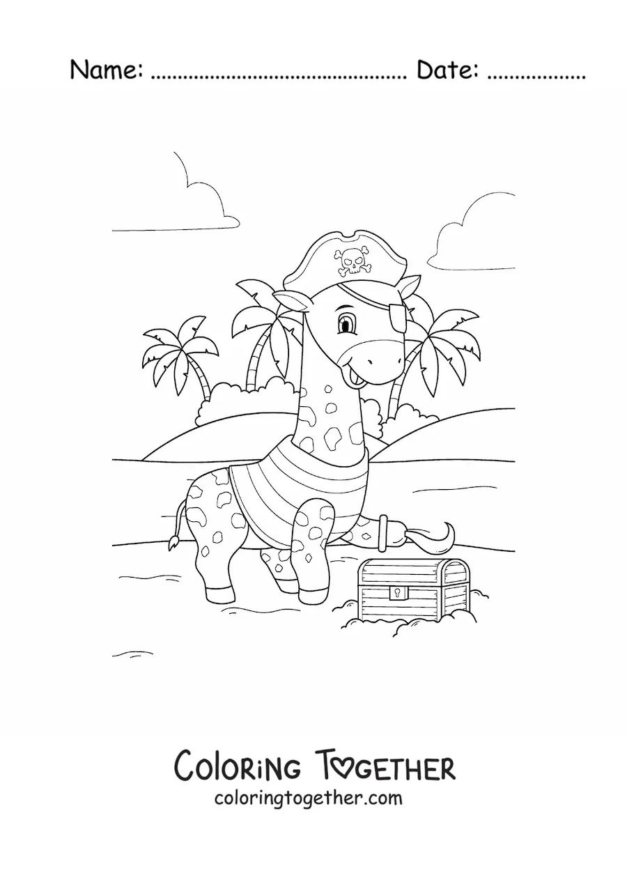 Coloring page of a cartoon pirate giraffe with a treasure chest on the island