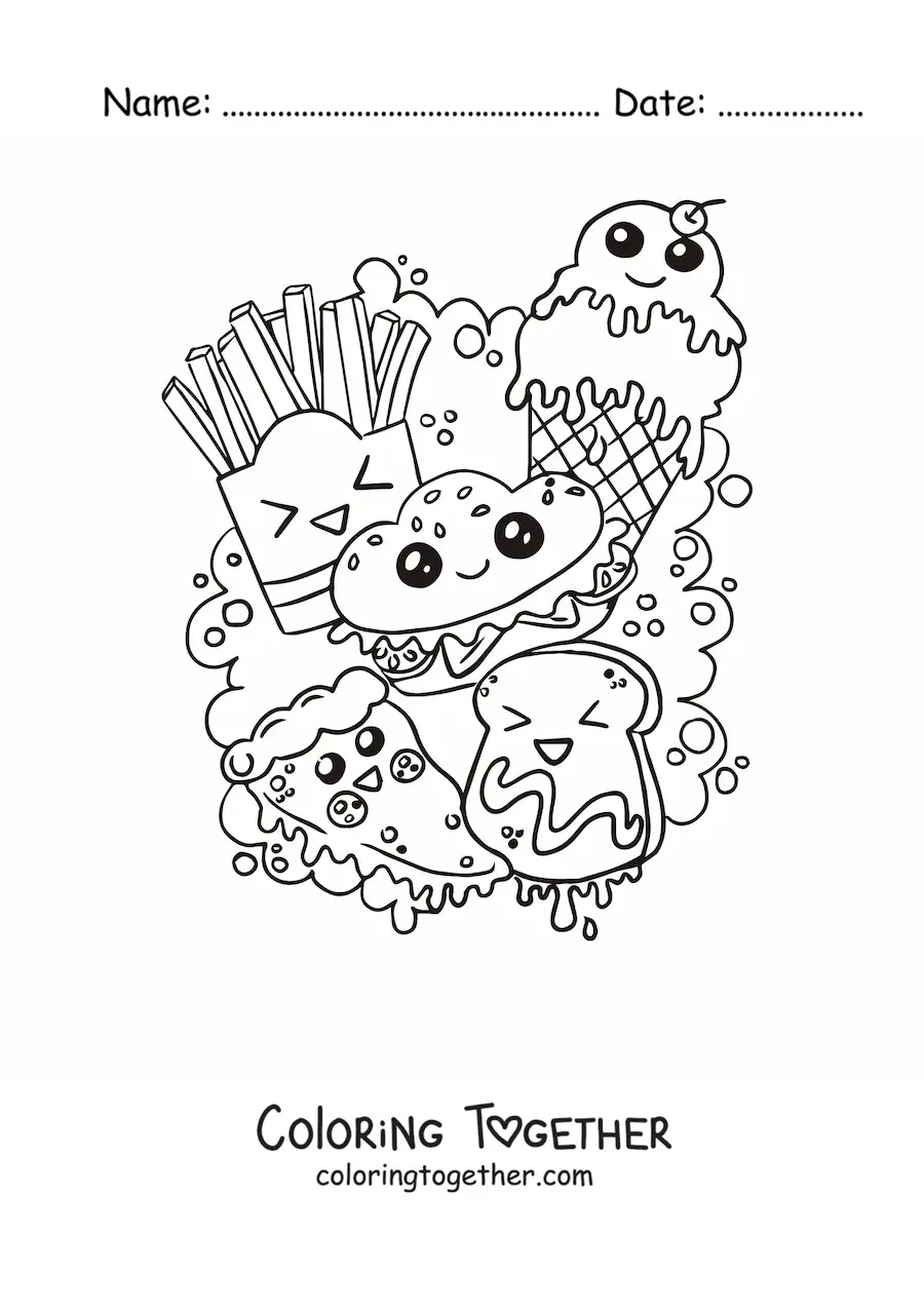 Coloring page of a kawaii hamburger, fries, ice cream and a piece of toast