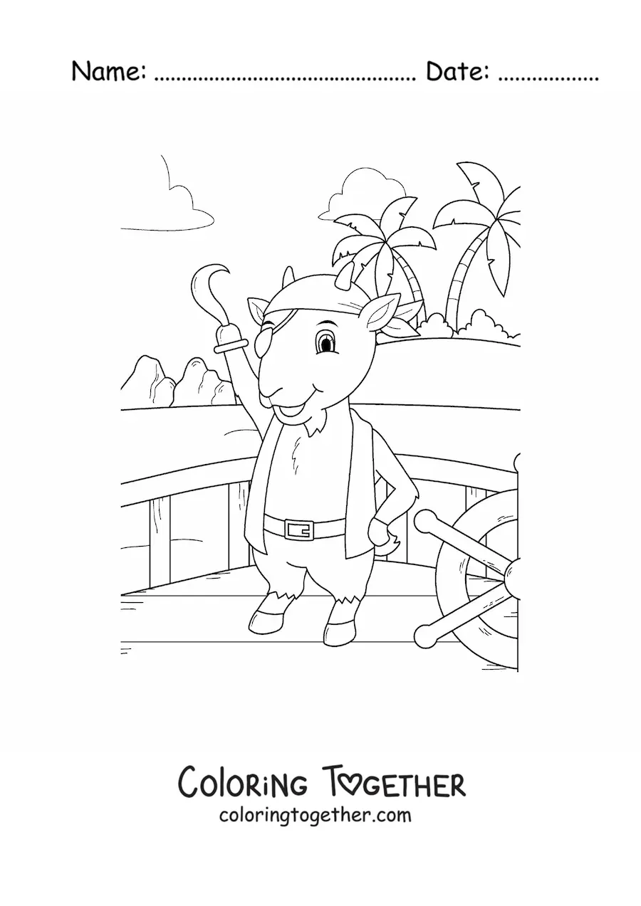 Coloring page of a cartoon pirate goat on a ship