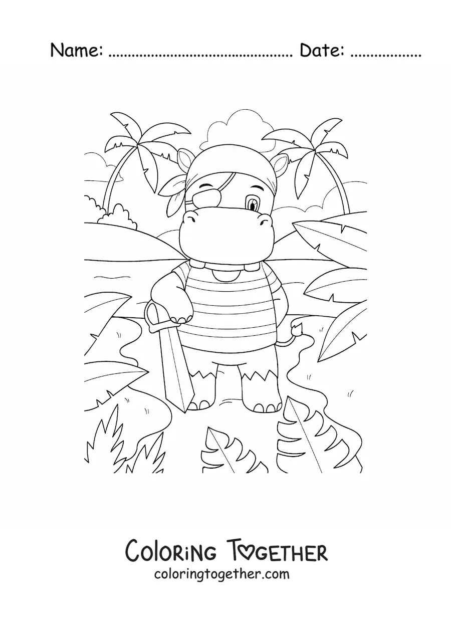 Coloring page of a cartoon pirate hippo on treasure island