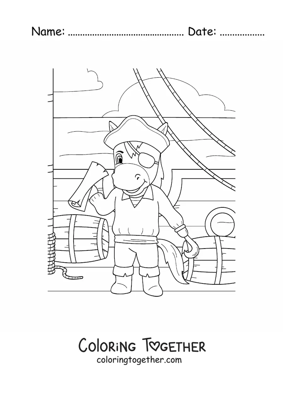 Coloring page of a cartoon pirate horse on a pirate ship