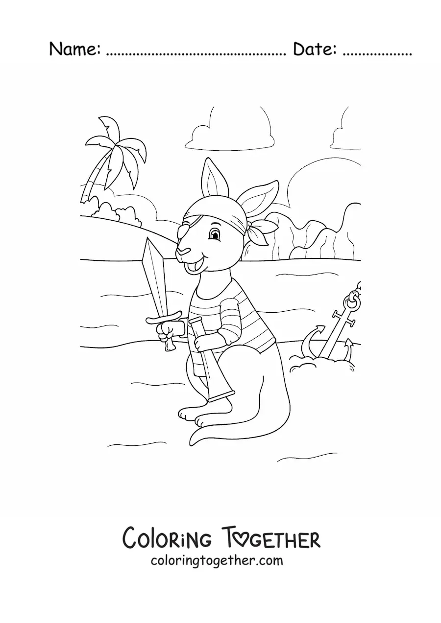 Coloring page of a cartoon pirate kangaroo searching for a treasure on the island