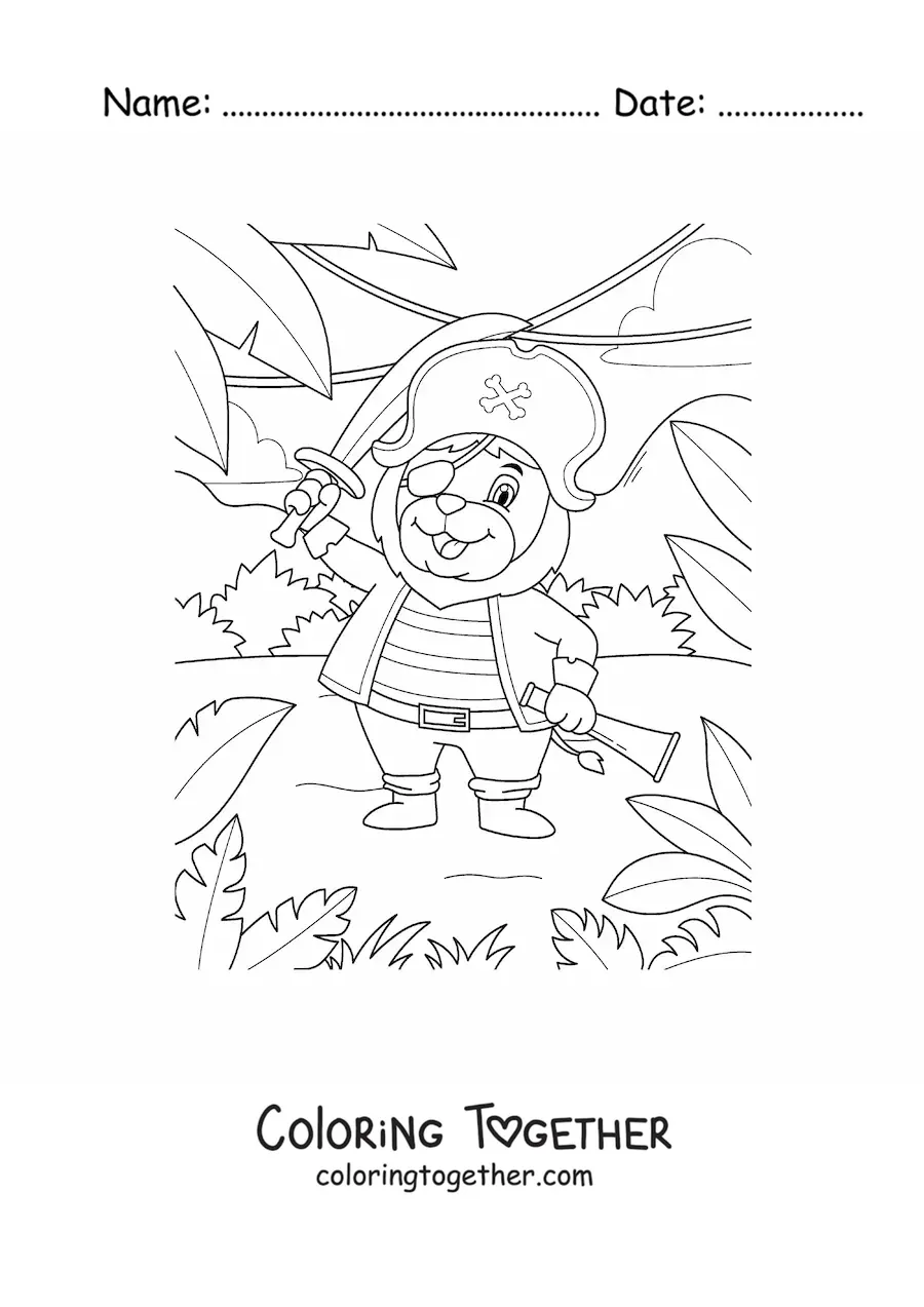 Coloring page of a cartoon pirate lion on treasure island