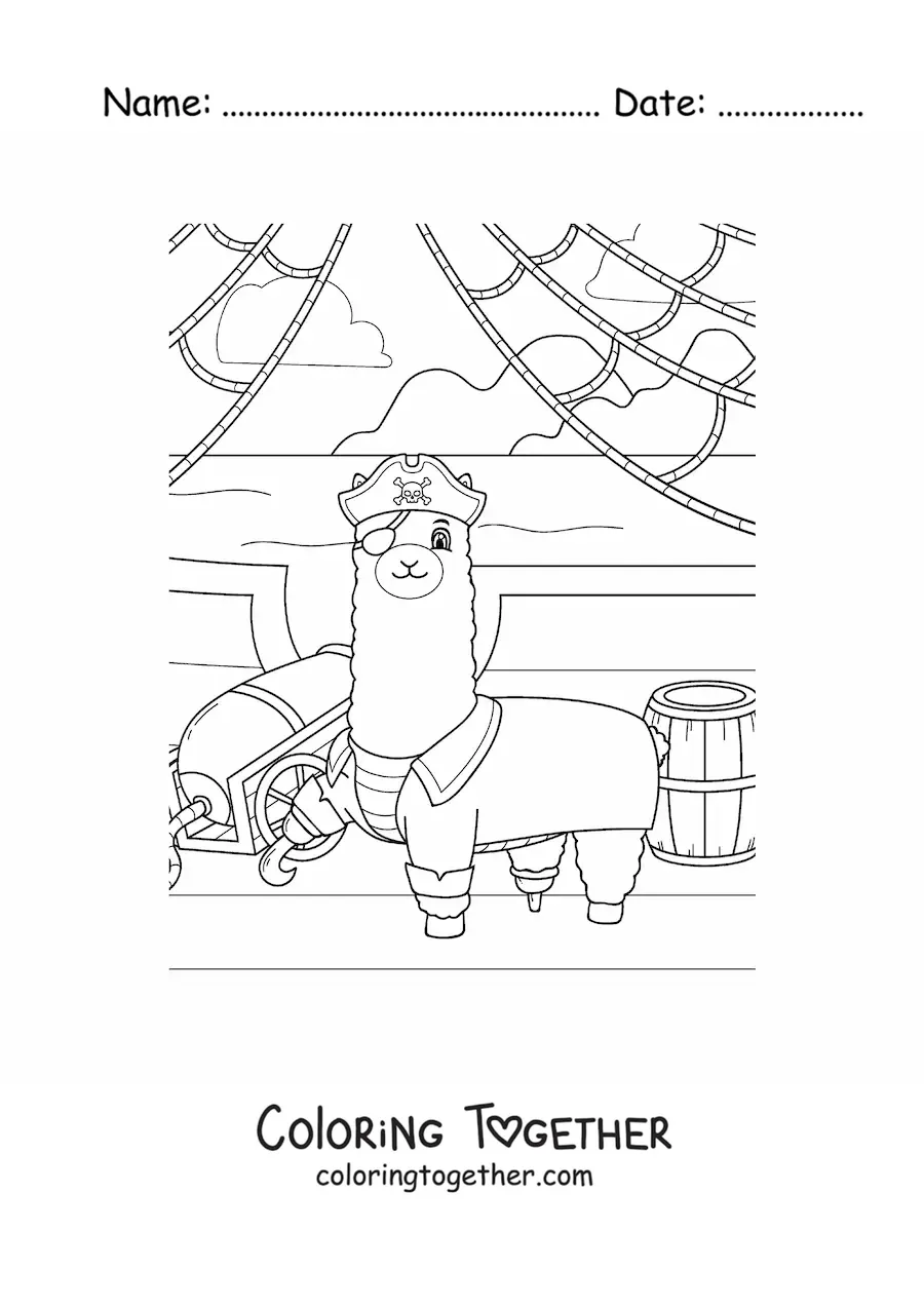 Coloring page of a cartoon pirate llama on a pirate ship