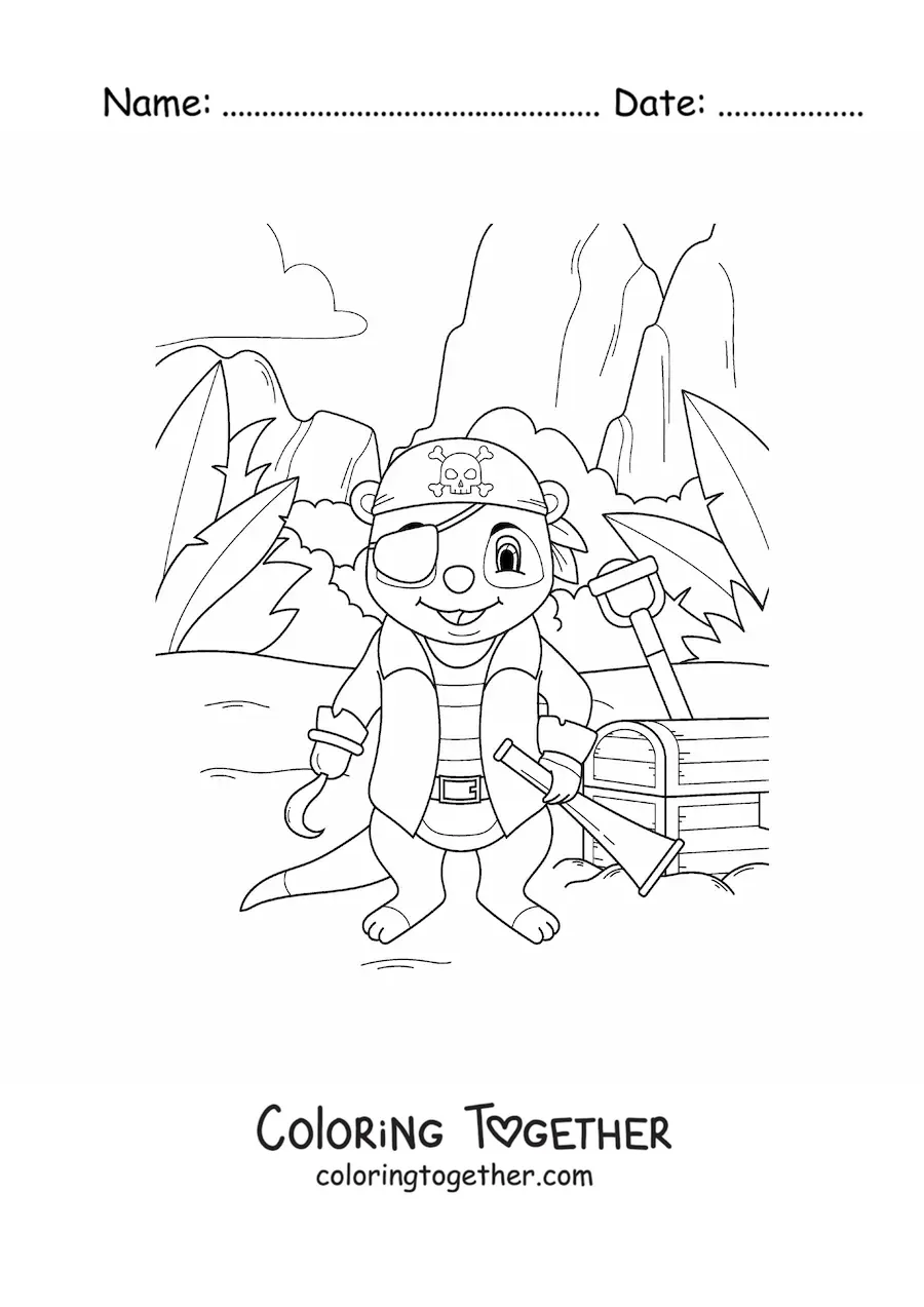 Coloring page of a cartoon pirate meerkat with a treasure chest on the island