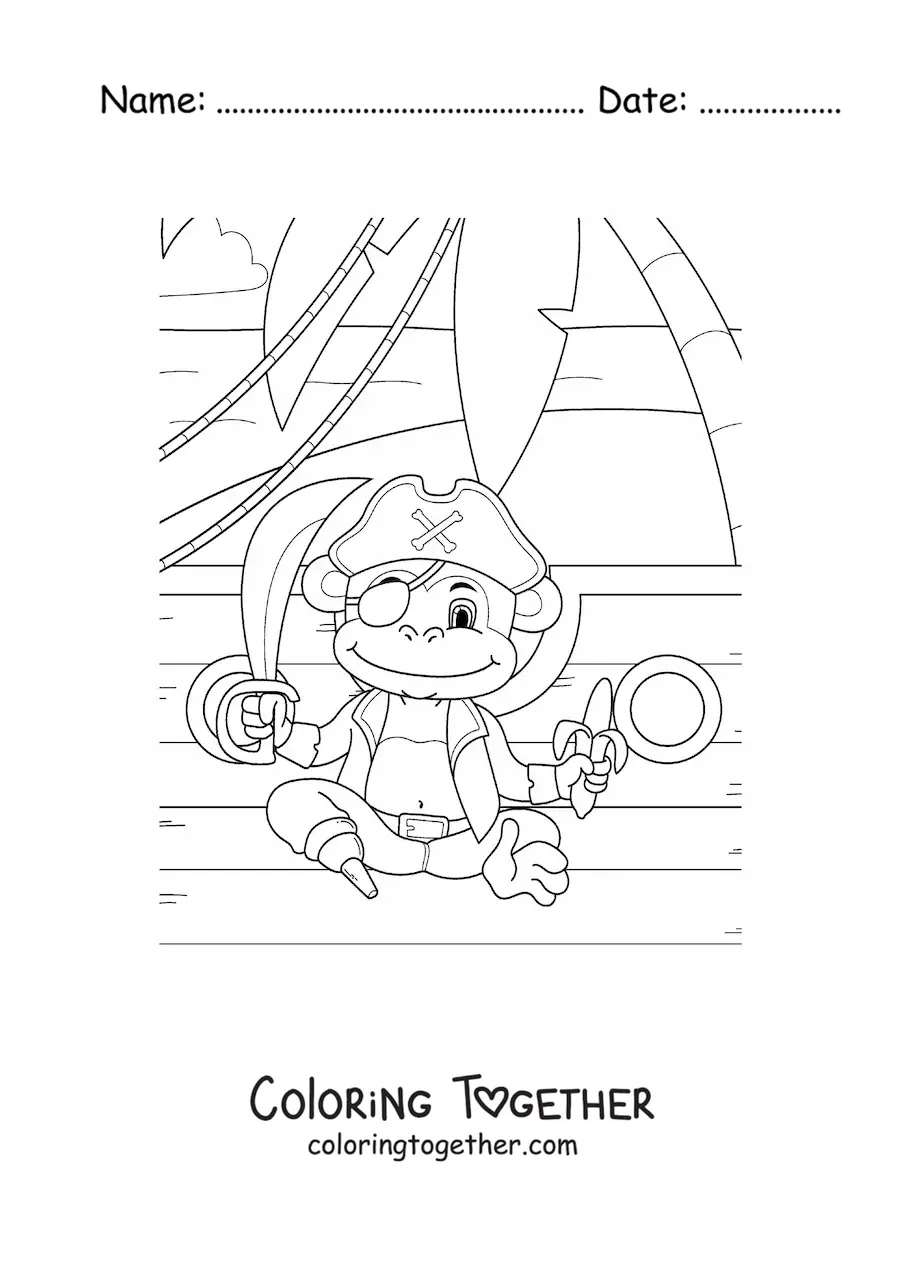 Coloring page of a cartoon pirate monkey on a pirate ship