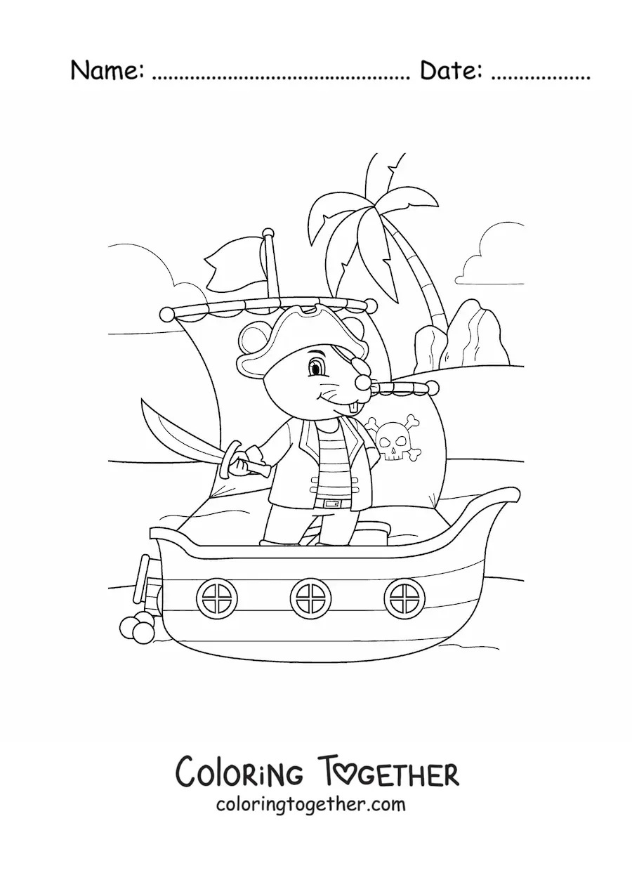 Coloring page of a cartoon pirate mouse on a ship arriving at the island