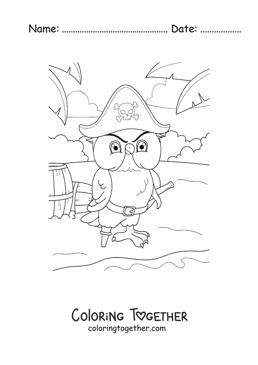 Coloring page of a cartoon pirate owl on treasure island