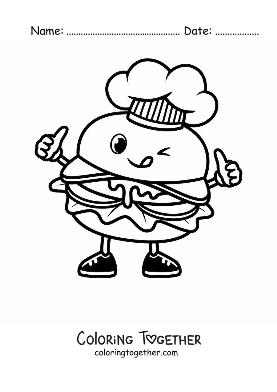 Coloring page of an animated hamburger with a chef's hat sticking out its tongue