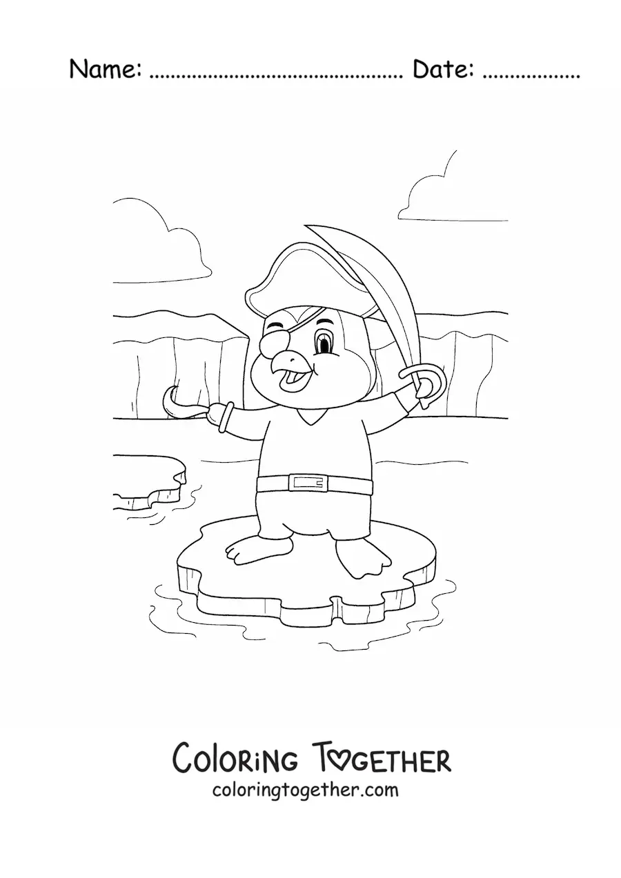 Coloring page of a cartoon pirate penguin on an iceberg