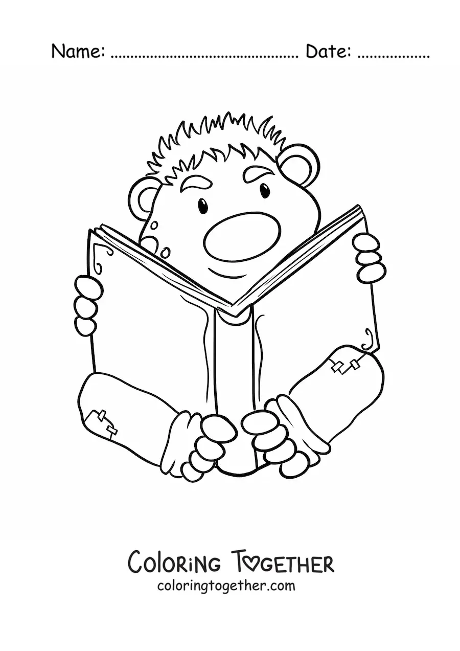 Coloring page of a cartoon troll reading