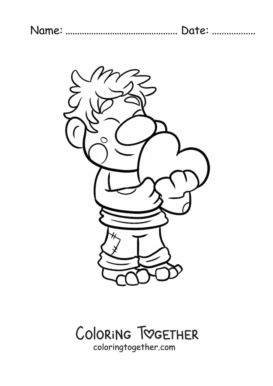 Coloring page of a cartoon troll with a heart