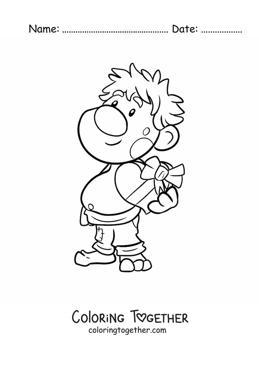 Coloring page of a cartoon troll with a box of chocolates