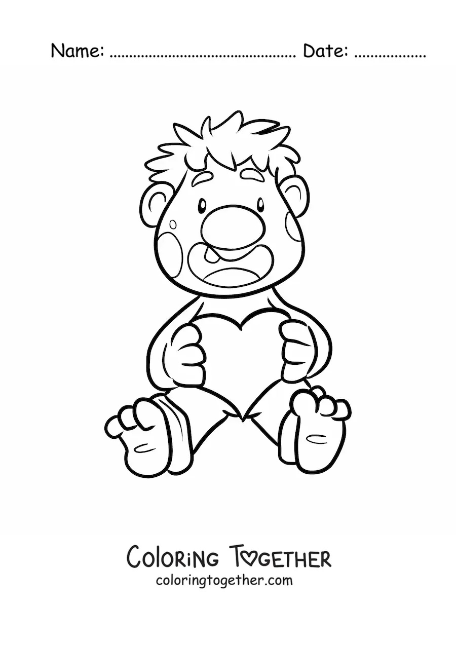 Coloring page of a cartoon troll sitting with a heart