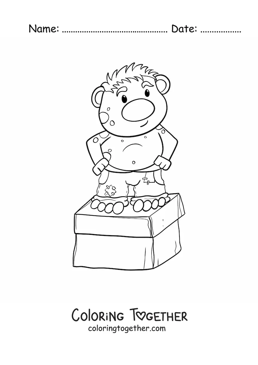 Coloring page of a cartoon troll standing on a box