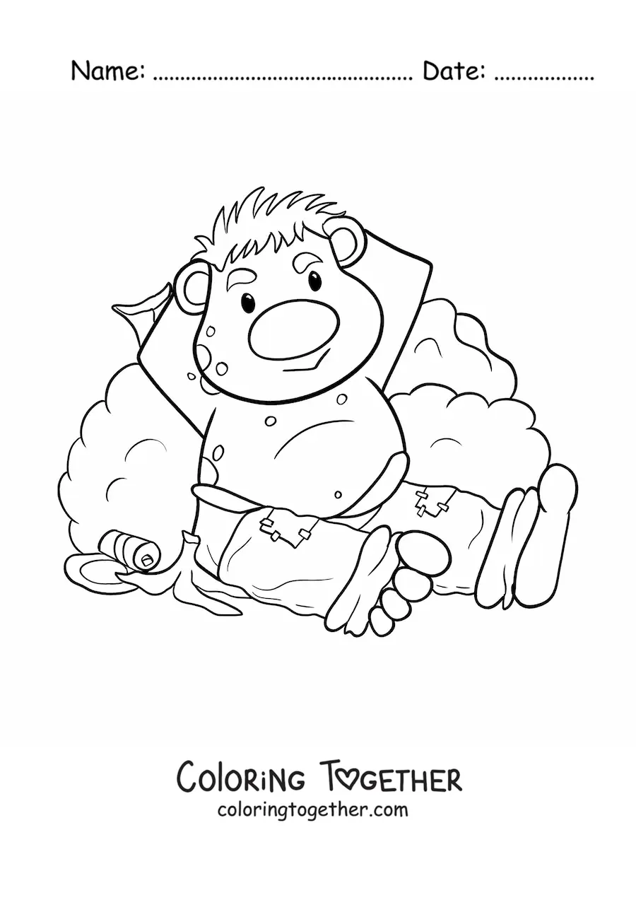 Coloring page of a funny cartoon troll sitting down