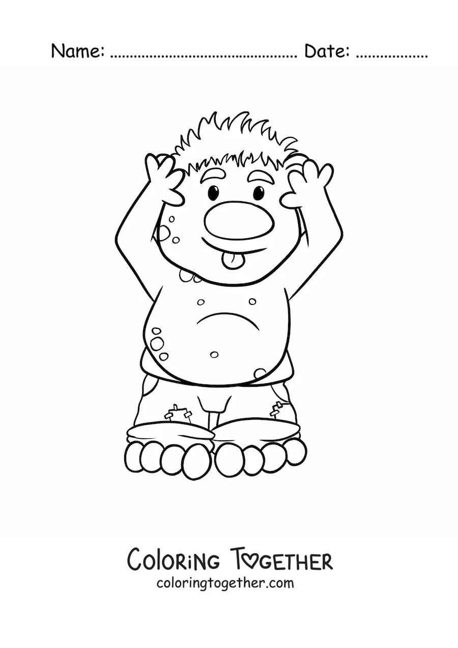Coloring page of a funny cartoon troll sticking out his tongue