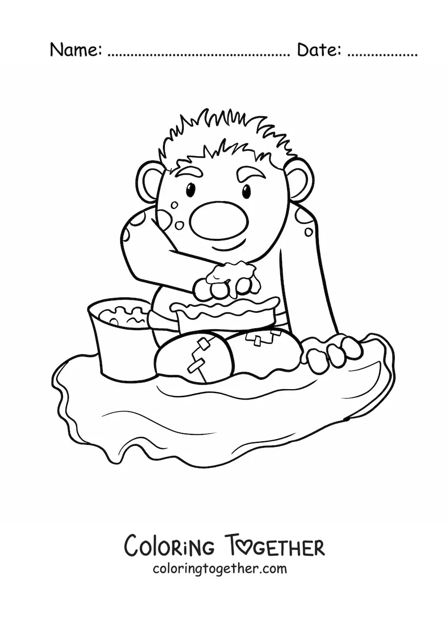 Coloring page of a cartoon troll playing