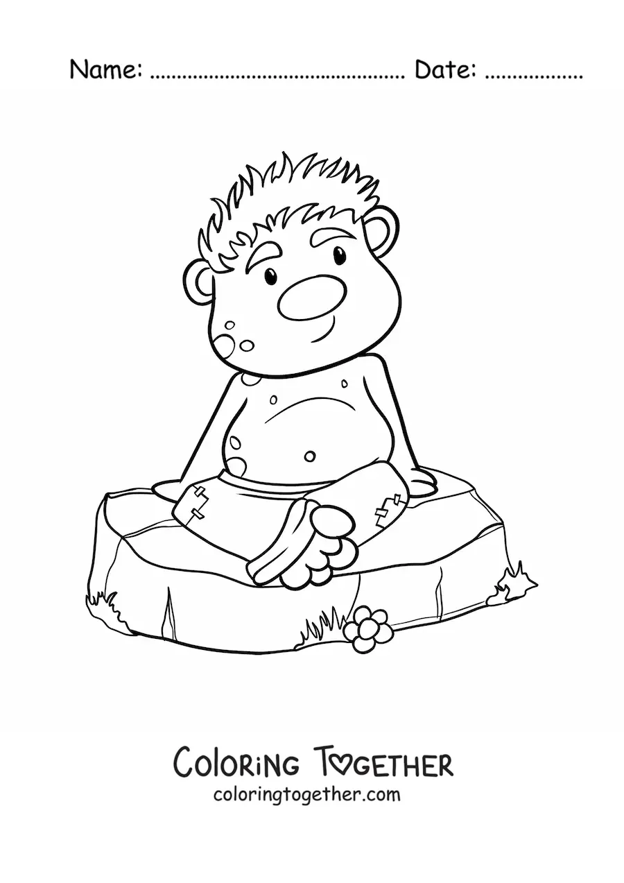 Coloring page of a cartoon troll sitting on a rock