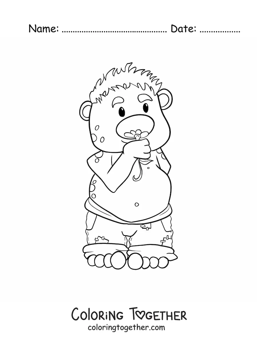 Coloring page of a cartoon troll smelling a flower
