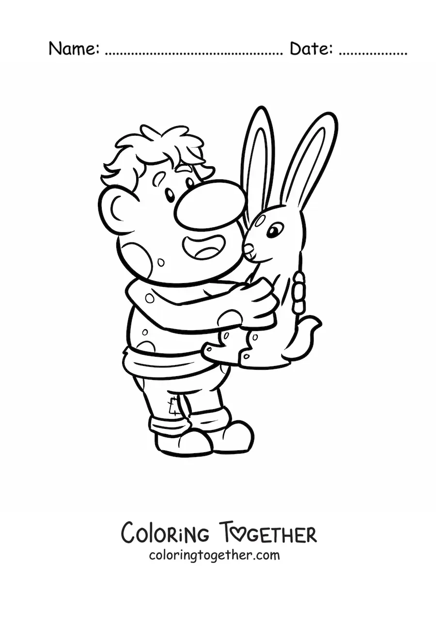 Coloring page of a cartoon troll with a rabbit