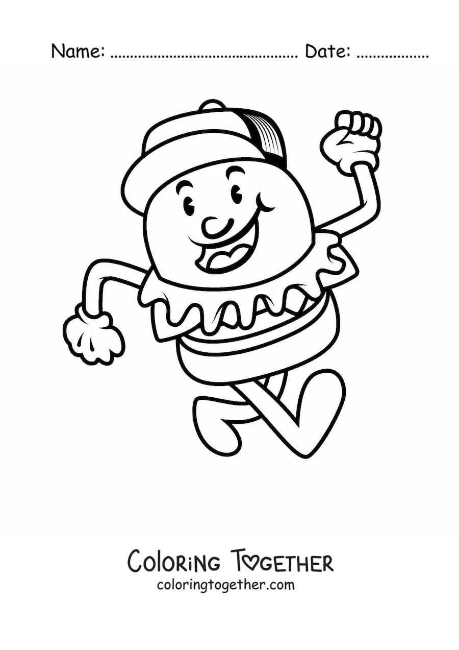 Coloring page of an animated hamburger with a cap walking