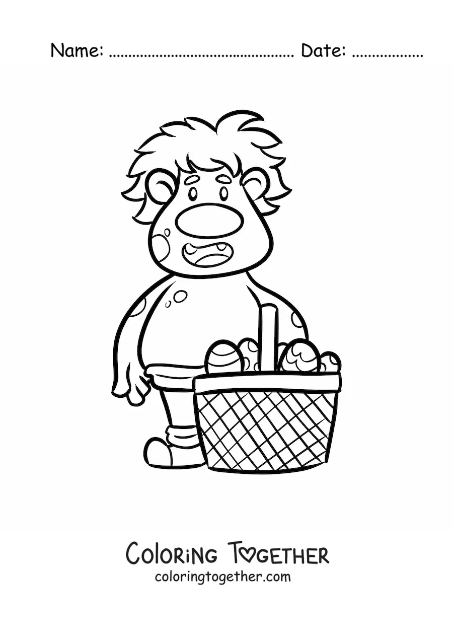 Coloring page of a cartoon troll with a basket of easter eggs