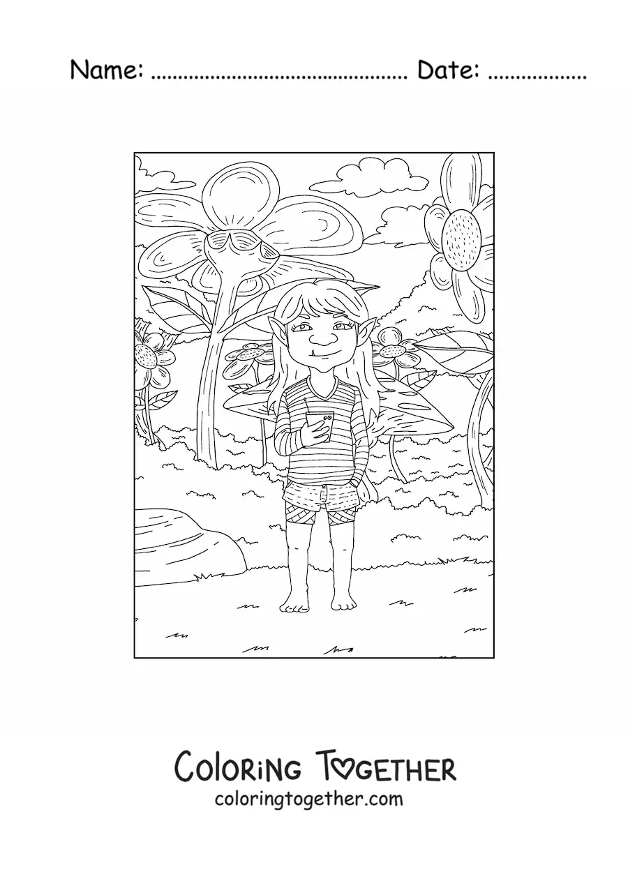 Coloring page of a modern realistic troll girl with flowers